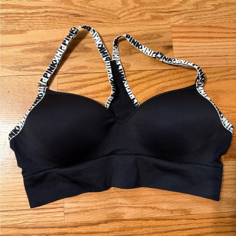 PINK Victoria's Secret Black Racer Back Sports Bra with Logo Straps